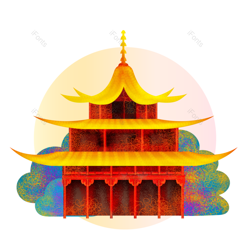 矢量素材图片,古代建筑元素,透明PNG,彩色免抠素材